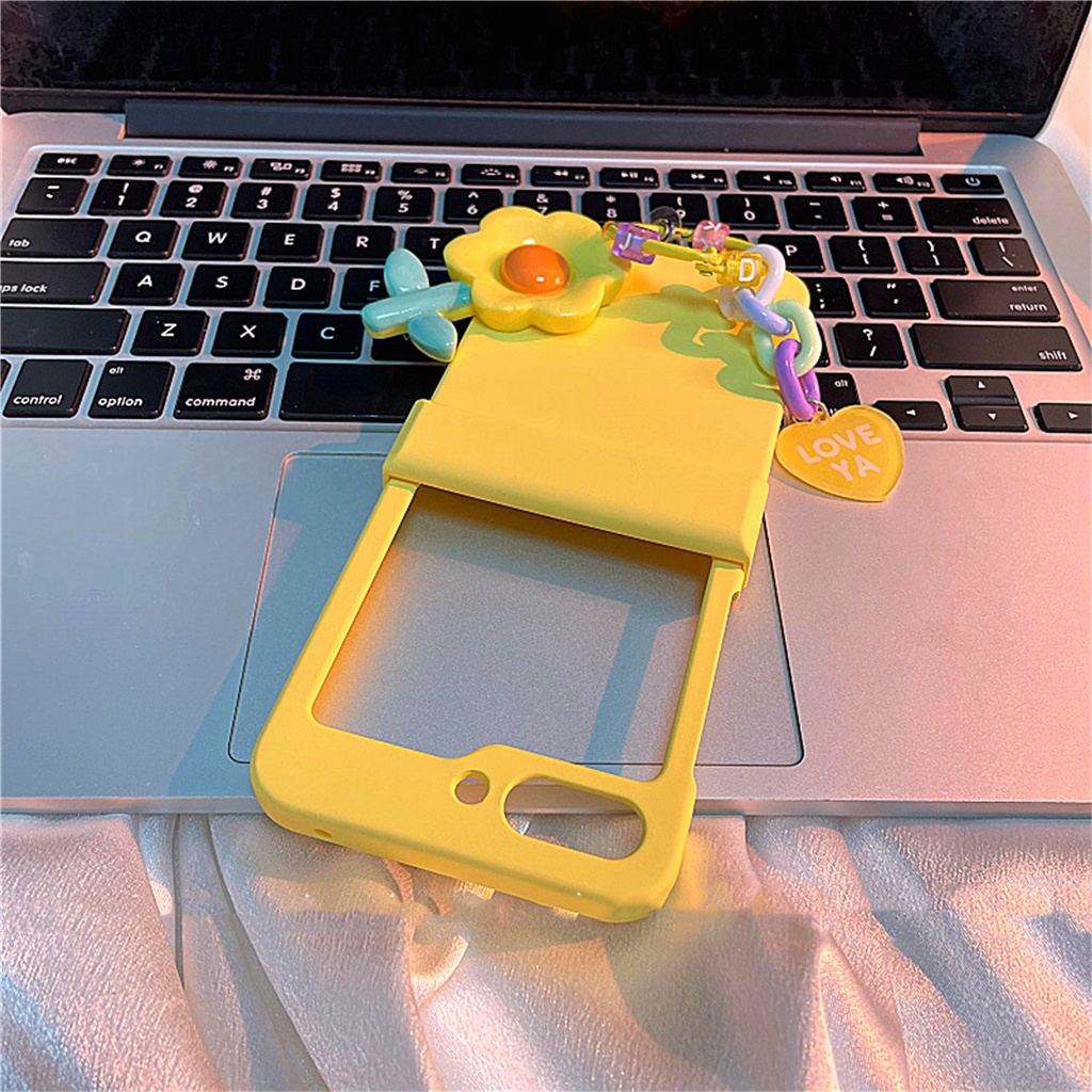 น่ารักเกาหลี 3D ดอกไม้แหวนจี้สีทึบสําหรับ Galaxy Zflip3 5 6 Z Flip5 Flip4 Zflip5 Flip6 กันกระแทกแบบพกพาปกหลัง