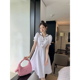 MZM1 MIU MIU 23 spring and summer new college style lace decorative bubble sleeve waist sweet age-reducing dress