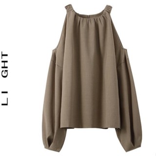 ] เสื้อเชิ้ตเปิดไหล่ สไตล์ฝรั่งเศส สีกากี สําหรับผู้หญิง