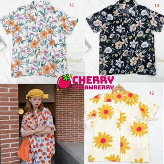 พร้อมส่ง เสื้อเชิ้ตคอปกเเฟชั่นลายดอกไม้ ผ้านิ่มใส่สบาย สไตล์เกาหลีเเฟชั่น เสื้อยืดคอปก