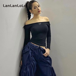 Lanlanlolo เสื้อยืดแขนยาว เปิดไหล่ เปิดหลัง เซ็กซี่ สีพื้น สําหรับผู้หญิง 2023