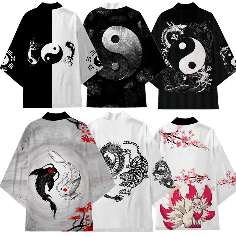 เสื้อคาร์ดิแกนกิโมโน พิมพ์ลายมังกรไทเก็ก สไตล์ญี่ปุ่น ไซซ์ใหญ่ 4XL 5XL แนวสตรีท ฮาโอริ ซามูไร แนวสตรีท ใส่ไปชายหาด ใส่ได้ทั้งชาย และหญิง