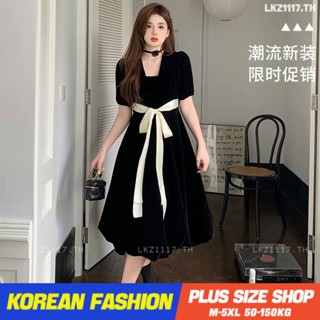 Plus size เสื้อผ้าสาวอวบ❤ เดรสสาวอวบอ้วน ไซส์ใหญ่ ผู้หญิง เดรสออกงาน ยาว แขนสั้น คอวี สายผูกโบว์ สีดำ ฤดูร้อน สไตล์เกาหลีแฟชั่น