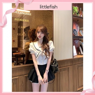 [littlefish] เสื้อเชิ้ต คอปก ปักลายลูกไม้ และกระโปรงพัฟ เอวสูง สไตล์เกาหลี หรูหรา เหมาะกับฤดูร้อน สําหรับผู้หญิง สองชิ้น