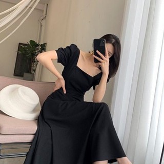 Enjoy Beauty Vintage Women Party Dress A Line Long Black Skirt Short Lantern Sleeve Over The Knee Square Neck for Girls