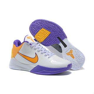 ใหม่ N-i-k-e Zoom Turbo Kobe 5 รองเท้าบาสเก็ตบอล รองเท้าวิ่ง สีขาว สีม่วง สีเหลือง 2023