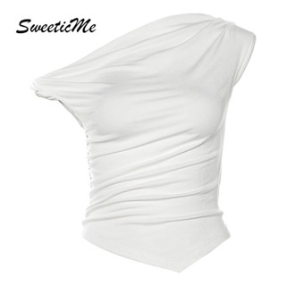 Sweeticme ใหม่ เสื้อยืดลําลอง เปิดไหล่ สีพื้น แฟชั่นสําหรับสตรี 2023