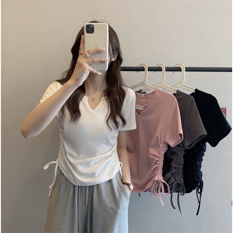 เสื้อยืด เสื้อยืดผู้หญิง แขนสั้นคอวี V มีเชือกรูดเอวด้านข้าง เสื้อแฟชั่นสีทึบเหมาะกับทุกไลฟ์สไตล์ ❤พร้อมส่งจากไทย❤