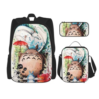 3 in 1 My Neighbor Totoro กระเป๋าเป้สะพายหลัง กระเป๋าใส่หนังสือ พิมพ์ลายน่ารัก พร้อมกระเป๋าใส่กล่องอาหารกลางวัน ดินสอ เดินทาง