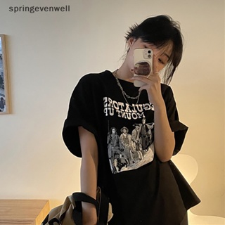 [springevenwell] เสื้อยืดลําลอง แขนสั้น คอกลม พิมพ์ลาย ทรงหลวม สไตล์วินเทจ แฟชั่นฤดูร้อน สําหรับสตรี