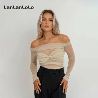 Lanlanlolo เสื้อยืด เปิดไหล่ ผ้าตาข่ายซีทรู สีพื้น เซ็กซี่ แฟชั่นสําหรับสตรี 2023