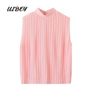 Uibey เสื้อเชิ้ต คอตั้ง แขนกุด สีพื้น แฟชั่น 23113