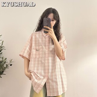 KYUSHUAD เสื้อเชิ้ตลำลองสไตล์วิทยาลัยลายสก๊อตสีชมพูญี่ปุ่นสำหรับผู้ชายและผู้หญิง, เสื้อเชิ้ตแขนยาวห้าส่วนห้าส่วน,