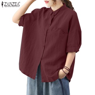 Zanzea เสื้อเชิ้ตแขนครึ่ง เปิดไหล่ ผ้าฝ้าย ผ้าลินิน สไตล์เกาหลี สําหรับผู้หญิง