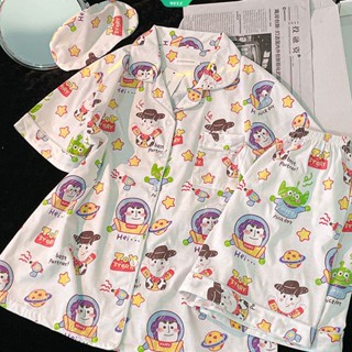 ชุดนอนเสื้อแขนสั้น กางเกงขาสั้น ลายการ์ตูน Toy Story น่ารัก แบบเรียบง่าย แฟชั่นฤดูร้อน สําหรับนักเรียนหญิง 2023