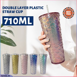 710ml/24oz Starbucks New Fish Scale Cup Double Layer Plastic Straw Cup (twinkle.th)