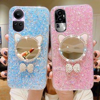 พร้อมส่ง ใหม่ เคสโทรศัพท์มือถือ ซิลิโคนนิ่ม ประดับโบว์เพชร พร้อมกระจกแต่งหน้า สําหรับ OPPO Reno10 Reno10 Pro+ Plus 5G 2023 Reno10 Pro 5G