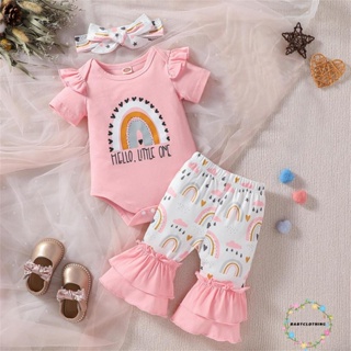 Babyclothes- ชุดรอมเปอร์ แขนสั้น พิมพ์ลายสายรุ้ง และกางเกงขาบาน แบบยืดหยุ่น แฟชั่นฤดูร้อน สําหรับเด็กผู้หญิง 3 ชิ้น