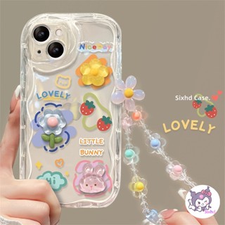 เคสโทรศัพท์มือถือ แบบนิ่ม ลายการ์ตูนกระต่าย ไอศกรีม 3 มิติ มันวาว พร้อมสายคล้อง สําหรับ iPhone 15 14 13 12 11 Pro Max SE2020 X Xr Xs Max 8 7 6 6s Plus