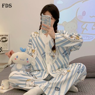 Fds ชุดนอน เสื้อคาร์ดิแกน แขนยาว กางเกงขายาว ผ้าฝ้าย ลาย Cinnamoroll Babycinnamoroll น่ารัก สองชิ้น เหมาะกับฤดูใบไม้ผลิ และฤดูใบไม้ร่วง สําหรับผู้หญิง