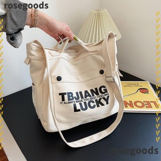 Rosegoods1 กระเป๋าสะพายไหล่ ผ้าไนล่อน สีพื้น ความจุขนาดใหญ่ ​กระเป๋าสะพายไหล่ลําลอง ทรงโท้ท สีดํา สีขาว แฟชั่นสําหรับผู้หญิง