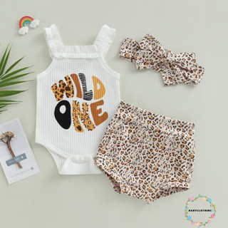 Babyclothes- ชุดรอมเปอร์ แขนกุด พิมพ์ลายตัวอักษร เสือดาว กางเกงขาสั้น ที่คาดผม 3 ชิ้น สําหรับเด็ก