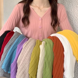 เสื้อคาร์ดิแกนแขนยาว คอวี ผ้าถัก สีพื้น สําหรับผู้หญิง [14 สี]