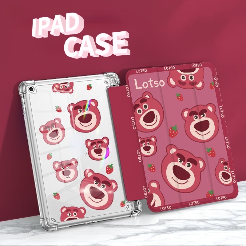 เคสใส ลายหมีสตรอเบอร์รี่น่ารัก พร้อมช่องใส่ปากกา สําหรับ iPad Air 4 10.9 iPad 2021 Pro11 Air 1 2 9.7 Air 310.5 9.7 นิ้ว iPad 2017 2018 9.7 Gen10 2022