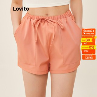 Lovito กางเกงขาสั้นลําลอง เอวยางยืด มีกระเป๋า ผูกปมด้านหน้า L20D269 (สีชมพูปะการัง)