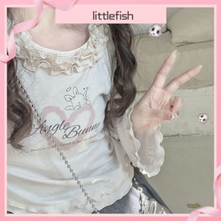 [littlefish] เสื้อยืดลําลอง แขนสั้น คอกลม พิมพ์ลายปลาหมึก สไตล์บอททอม เข้ากับทุกการแต่งกาย แฟชั่นฤดูใบไม้ผลิ ฤดูร้อน สําหรับเด็กผู้หญิง