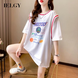 IELGY เสื้อคอกลม แขนสั้น ลําลอง สไตล์เกาหลี ความยาวปานกลาง สําหรับผู้หญิง