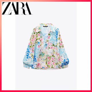 Zara ใหม่ เสื้อเชิ้ต ผ้าไหมซาติน พิมพ์ลายดอกไม้ สําหรับผู้หญิง