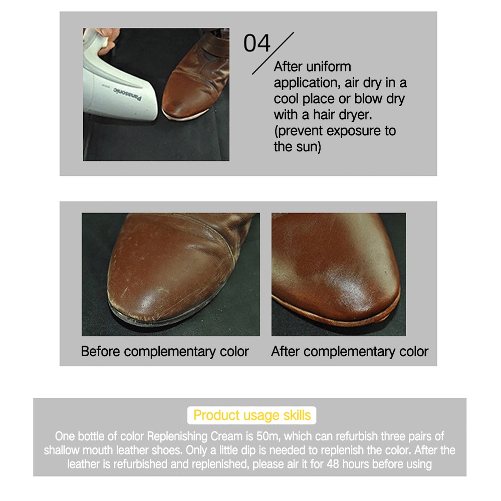 ชุดซ่อมหนังรถยนต์ น้ำยาเคลือบสีหนังสำหรับซ่อมหนังรถยนต์ ไม่ต้องใช้ความร้อน เครื่องมือซ่อมเบาะรถยนต์ รู รอยขีดข่วน รอยแตก รอยฉีกขาด ชุดฟื้นฟู รองเท้า TH - รูปที่ 6