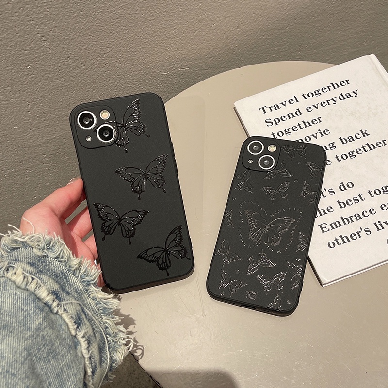 เคสป้องกันโทรศัพท์มือถือ ลายผีเสื้อ สีดํา สําหรับ iPhone 14 7 8 Plus 11 X XS 12 XR 13 Pro Max