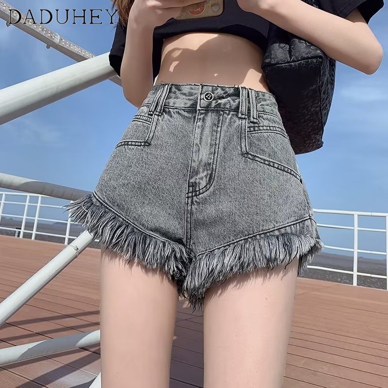 DaDuHey New Korean Style High Waist Denim Shorts Pink Raw Edge Wide Leg Pants Large Size Hot Pants