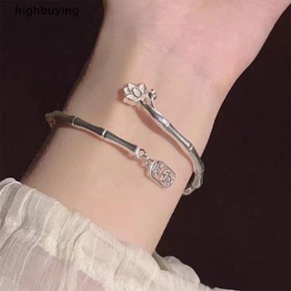 [highbuying] ปรับได้ โชคดี อวยพร ไม้ไผ่ กําไลข้อมือ ดอกบัว สีเงิน กลวง จี้ตัวอักษร กําไลข้อมือ สําหรับผู้หญิง ปรับได้ เปิด กําไล เสน่ห์ แฟชั่น ปาร์ตี้ เครื่องประดับ ใหม่ พร้อมส่ง