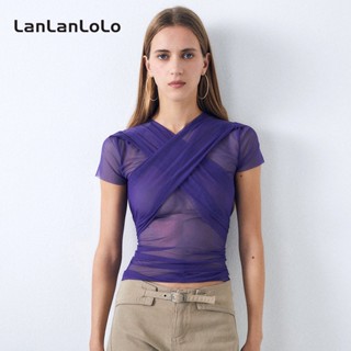 Lanlanlolo เสื้อยืดแขนสั้น คอวี ผ้าตาข่ายซีทรู สีพื้น แฟชั่นสําหรับผู้หญิง 2023