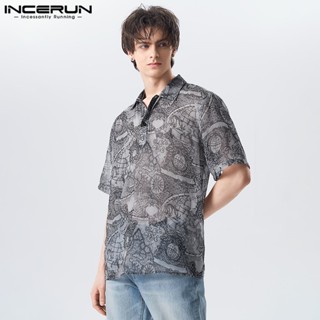 Incerun เสื้อเชิ้ตแขนยาว ผ้าชีฟอง พิมพ์ลาย สีโปร่งใส