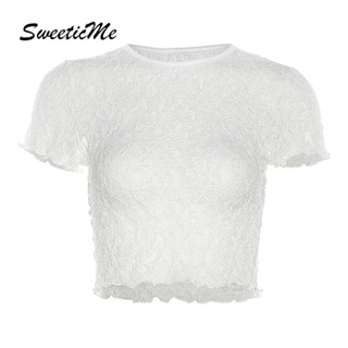 Sweeticme ใหม่ เสื้อยืดครอป คอกลม แขนสั้น ลําลอง สีพื้น ทรงสลิมฟิต แฟชั่นสําหรับสตรี 2023