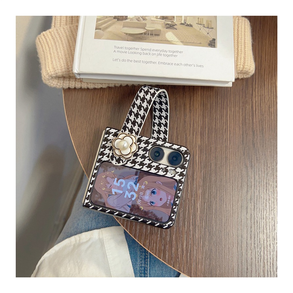 เคสโทรศัพท์มือถือ ฝาพับ ลายดอกคามิเลีย 3D พร้อมสายคล้องมือ ประดับไข่มุก สไตล์เกาหลี สําหรับ OPPO Find N3 findn2 Find N2