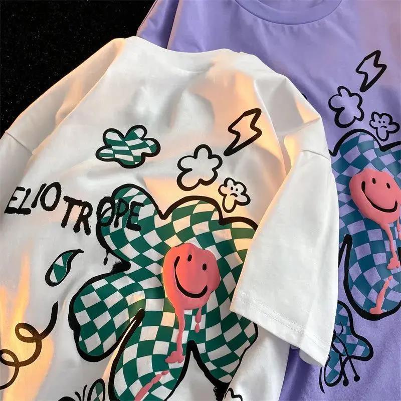 เสื้อยืดแขนสั้น พิมพ์ลายกราฟฟิติ และดอกไม้ ทรงหลวม สไตล์ญี่ปุ่น แฟชั่นฤดูร้อน สําหรับผู้หญิง