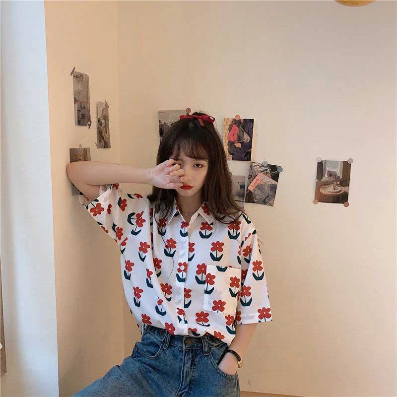 เสื้อเชิ้ตคอปกแขนสั้นผู้หญิง สไตล์เกาหลีลายดอกไม้ thumbnail 6