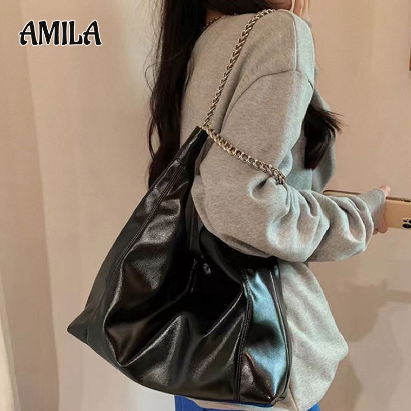 AMILA ใหม่กระเป๋าสะพายโซ่หนัง PU ความจุขนาดใหญ่กระเป๋าเดินทางสไตล์วิทยาลัยสำหรับนักเรียนในชั้นเรียน