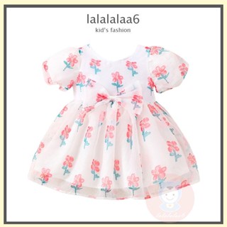 Laa6-3-18 MONTHS ชุดเดรสทรงเอ แขนสั้น คอกลม ผูกโบว์ พิมพ์ลายดอกไม้ สําหรับเด็กผู้หญิง