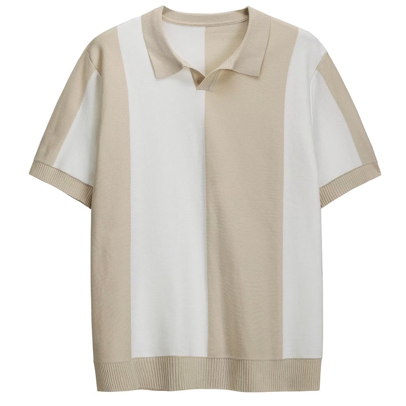 ครึ่งแขนเสื้อโปโลผู้ชายผ้าไหมน้ําแข็งถักปก Casual Stripes Contrast สี Breathable T-