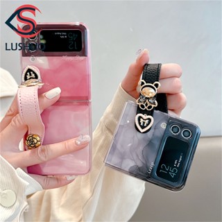 Lushuo เคสโทรศัพท์มือถือ ปิดด้านหลัง ลายหมีหินอ่อน ย้อมสี ประดับเพชร พร้อมสายคล้องมือ สําหรับ Samsung Galaxy Z Flip 3 5G and Z Flip 4 Z Flip3 ZFlip3 ZFlip 3 Z Flip4 ZFlip 4