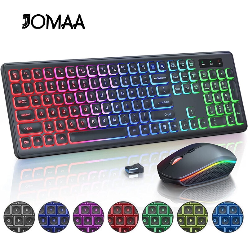 Jomaa คีย์บอร์ดไร้สาย และเมาส์คอมโบแบ็คไลท์ แบบชาร์จไฟได้ และไฟ RGB ขนาดเต็ม มุมเอียงตามหลักสรีรศาสตร์ โหมดพักหน้าจอ