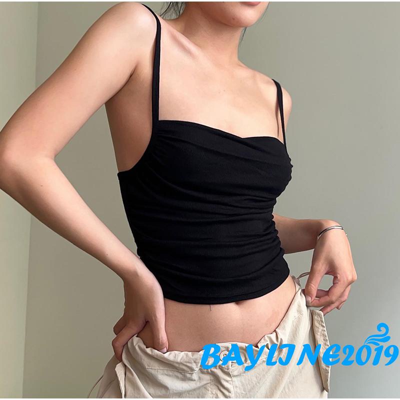 (จัดส่งในกรุงเทพฯ)-ผู้หญิงฤดูร้อน Crop Camisole สีทึบ Ruched สปาเก็ตตี้เสื้อกล้ามสําหรับ Streetwear Clubwear