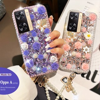 เคส case OPPO A78 5G A77s A17 A17K A57 2022 A78 5G A96 A76 A95 A55 A95 A74 5G A54โทรศัพท์มือถือ ประดับกลิตเตอร์ พลอยเทียม วิบวับ ลายผีเสื้อ ดอกกุหลาบ พร้อมสายโซ่ไข่มุก สําหรับ