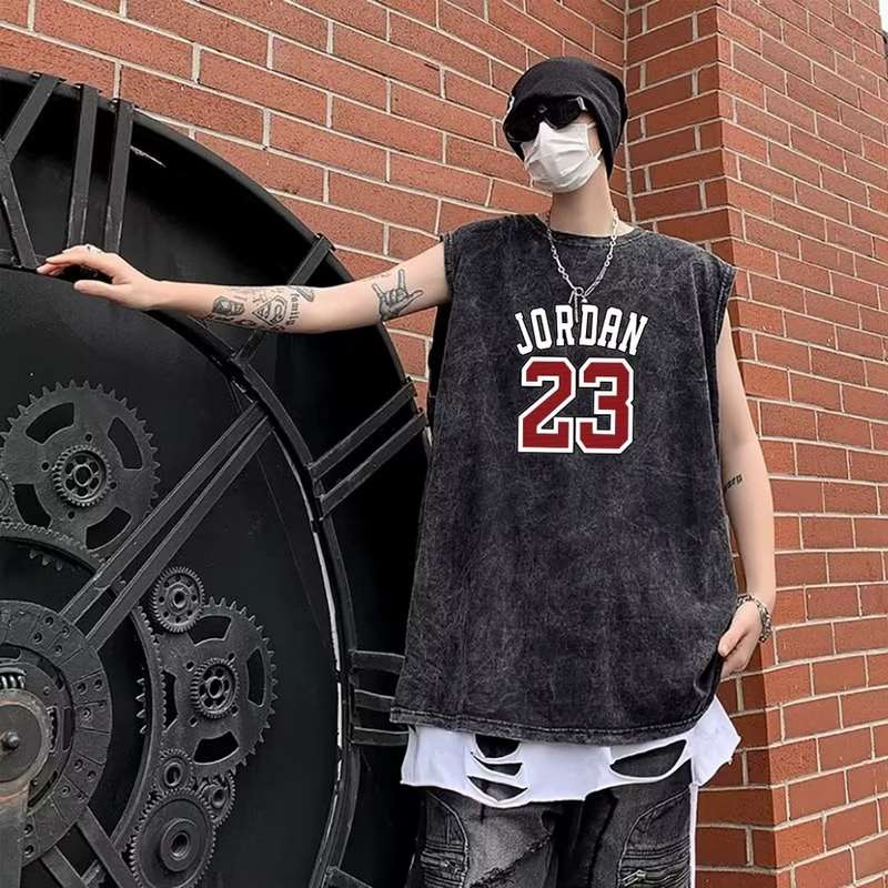 เสื้อกล้าม คอกลม แขนกุด พิมพ์ลายตัวเลข 23 สไตล์วินเทจ แฟชั่นฤดูร้อน สีดํา สําหรับผู้ชาย